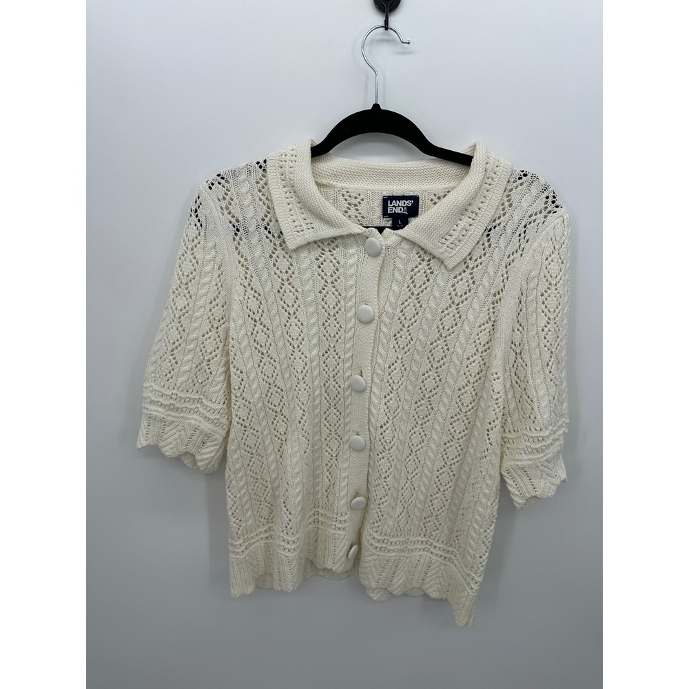 Lands End Women Pointelle Eyelet Knit Short Sleeve Cardigan Sweater Cottage Sz L